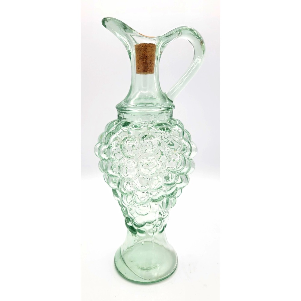 Green/Clear Pressed Glass Grape Cluster Cruet Molded  Pattern, Stopper Vtg 11.5"